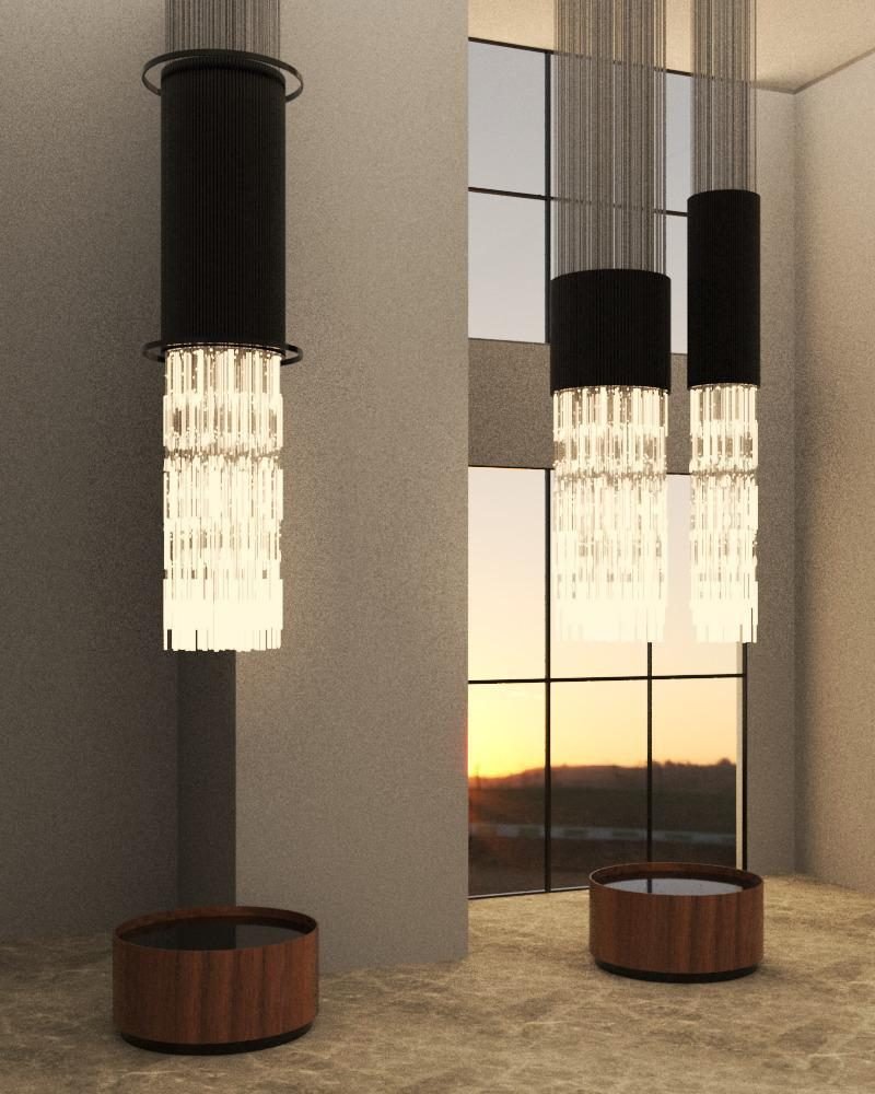 Render conceitual — Trio de Lustres Cilíndricos, etapa de design